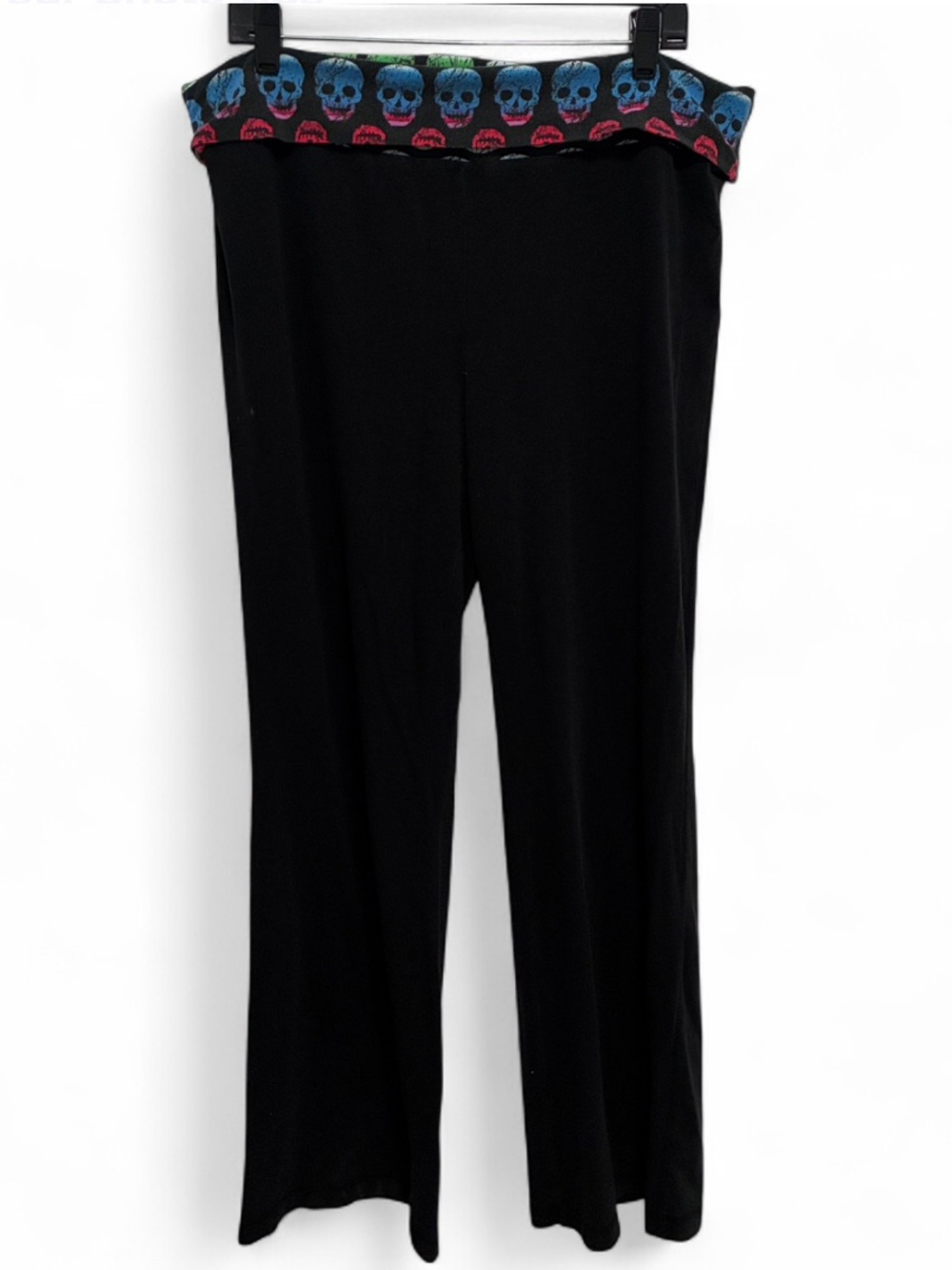 Y2K No Boundaries Black Fold-Over Waist Colorful Skull Print Boot Cut Leggings